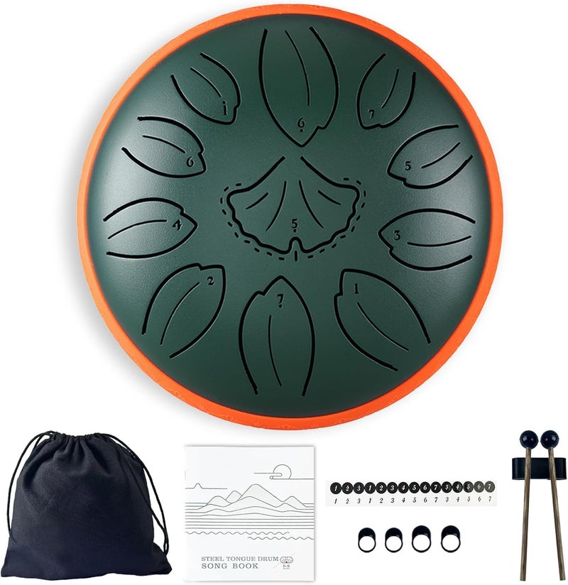 TUOKING Steel Tongue Drum 6 Inch 11 Notes C Key Rain Drum for Adults and Beginners, Handpan Drum Sound Healing Musical Instrument Gift for Meditation, Yoga, Music Lovers(Green) - Image 1